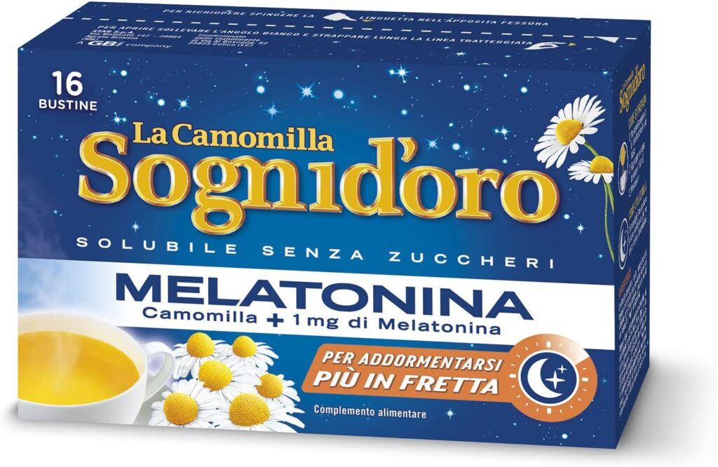 Camomilla Sogni d'oro solubile con melatonina, 16 Filtri, senza zuccheri e glutine, immediatamente solubile, facile da preparare, sonno rapido