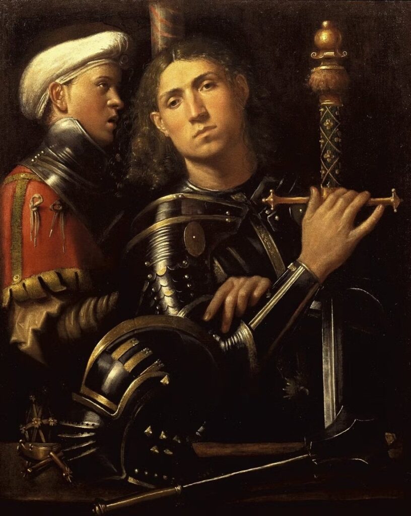 "Il Guerriero" (detto anche "Il Soldato"), Giorgione, ca. 1508-1510, olio su tela, (90 × 73 cm), è conservato alla Galleria degli Uffizi di Firenze. Raffinato esempio del ritratto virile rinascimentale, l'opera unisce introspezione psicologica e idealizzazione eroica, con la tipica atmosfera sospesa e poetica di Giorgione.